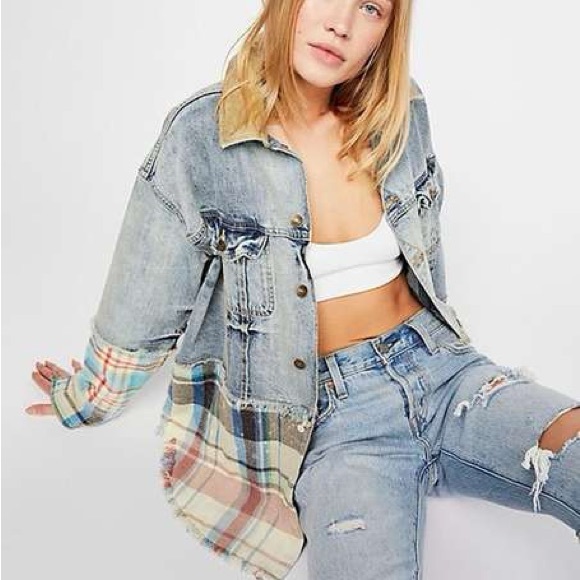 FREE PEOPLE women’s Distressed Sirius Denim Jean Plaid Contrast Shirt Jacket - Picture 6 of 15